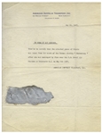 Piece of the Hindenburg Zeppelin After the 1937 Disaster -- With Letter of Provenance From American Zeppelin Transport, Inc.